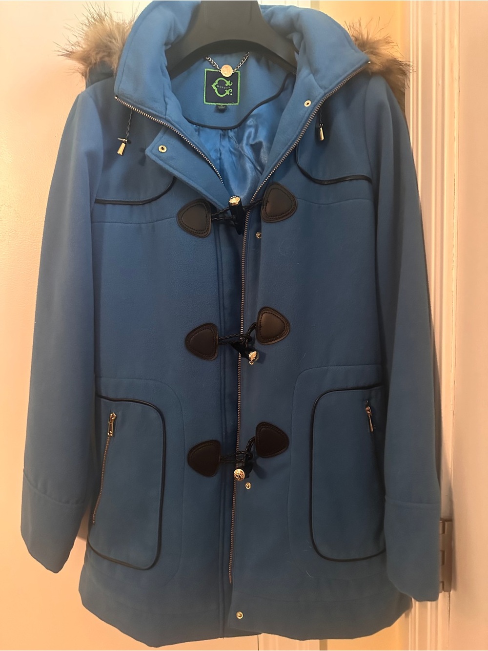 C. Wonder Bright Blue Toggle Peacoat with Faux-Fur Hood Trim - Picture 2 of 9
